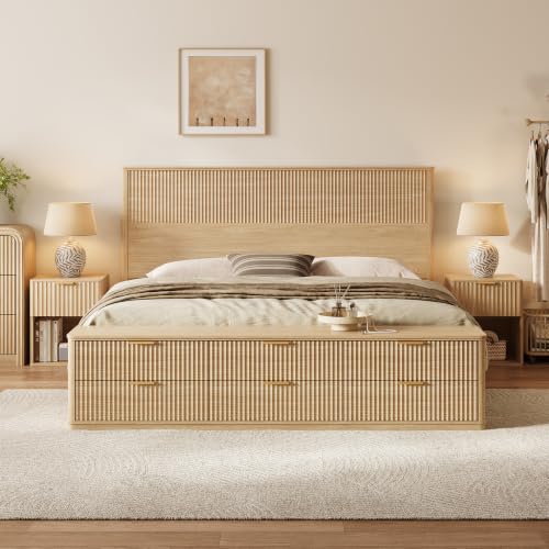 Image of LINSY Fluted Bohe King Bed with Headboard and Storage Bench, Natural Oak