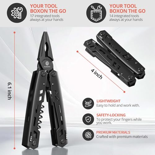 Multitool 17-in-1 Stainless Steel Multi Tool with Pocket Knife Needle Nose Pliers Bottle Opener Screwdriver Self-Locking Professional Multi-Tool for Outdoor Survival Gifts for Men(Black) - Image 4
