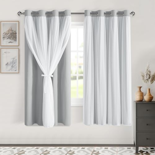 Image of DWCN Blackout Curtains with Sheer Overlay 63 Inch Long, Cloud Grey, 2 PCS