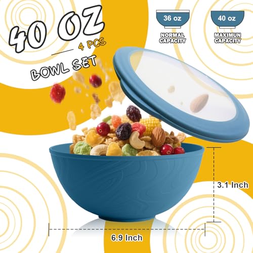 Image of Wheat Straw Bowls Set with Lids, Unbreakable 40 OZ Cereal Bowls Set of 4, Salad Container for Lunch, Microwave & Dishwasher Safe Bowl Set for Kitchen, Picnic, RV, Camping, Multi