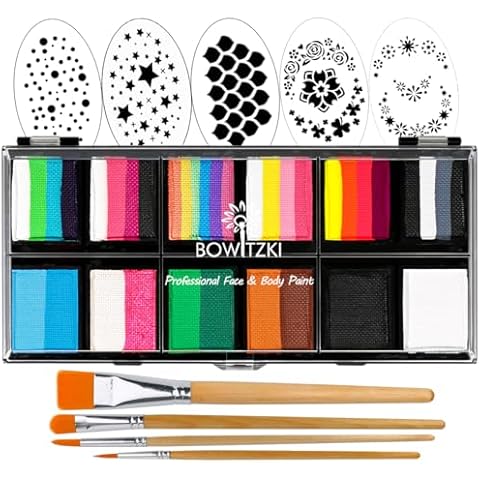 Bowitzki 12x10 gm Face Paint Professional Body Painting Kit For Kids Adults Stencil One Stroke Split Cake Non Toxic Rainbow Flora Dolphin Unicorn Flame Makeup Halloween Christmas Easter -Carnival Set Cover
