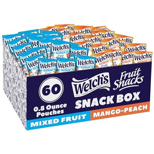 Welch's Fruit Snacks, Mixed Fruit & Mango Peach Snack Box, Gluten Free, 0.8oz Snack Packs (Pack of 60)