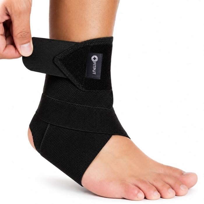 fitput ankle support brace (single piece) – adjustable compression wrap for sprained ankle, plantar fasciitis & achilles tendonitis – breathable cotton ankle strap for sports & recovery – men & women, one size