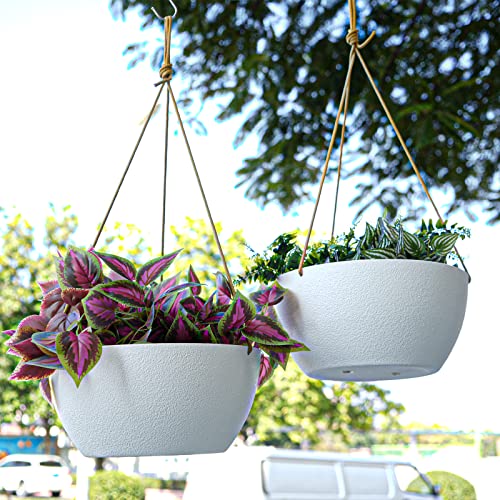 Swinduck 13 Inch 2 Pack Large Hanging Planters For Indoor Outdoor Plants, Plastic Hanging Basket Pots For House Plants Flowers, White #TOP2