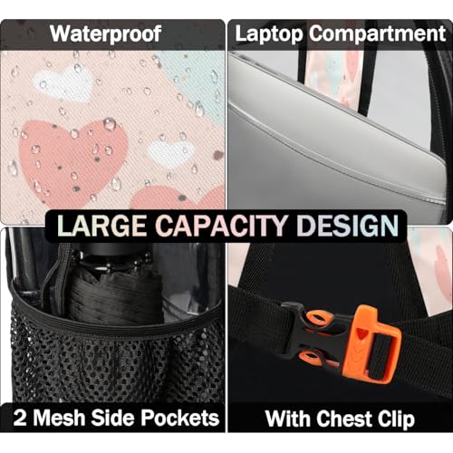 Romantic Pink Clear Backpack for Stadium Events, Colorful Heart Waterproof Clear Bag for Women Men Adult Sport Work Daily Music Festival and Concerts3