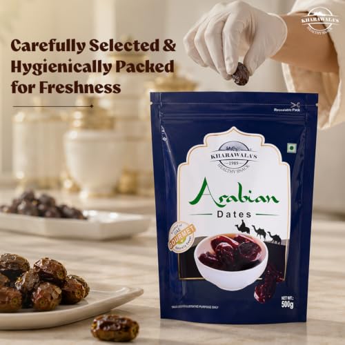 Image of KHARAWALA's ; HEALTHY SNACK Fresh Arabian Dates, Preservatives Free Khajoor, Rich In Iron & Literary Fiber, 500Gm