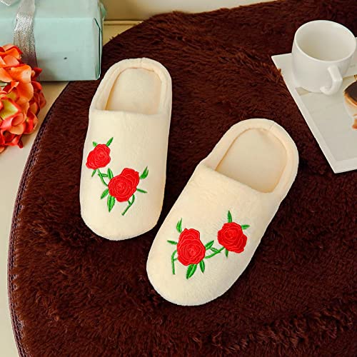 CsgrFagr Women's New Rose Embroidered Soft Soled Indoor Non Slip Cotton Slippers Clog Slippers for Women Outdoor (Beige, 7.5)4