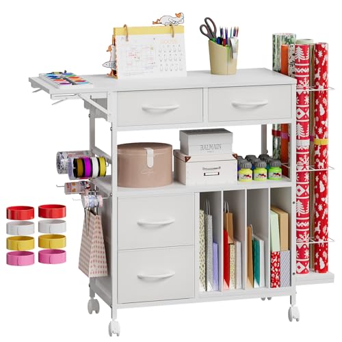Wrapping Paper Storage Cart with Foldable Table, 3 Tier Gift Wrap Organizer