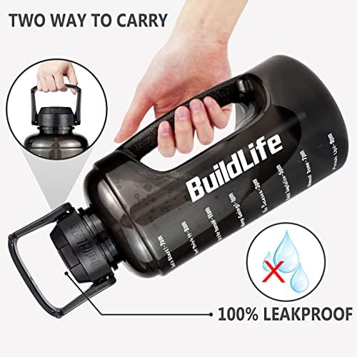 BuildLife 2.2 Litre Water Bottle - Motivational Half Gallon Water Jug w/Straw & Time Marker & Portable Handle BPA Free Leakproof Reusable for Fitness, Gym and Outdoor Sports(Black)