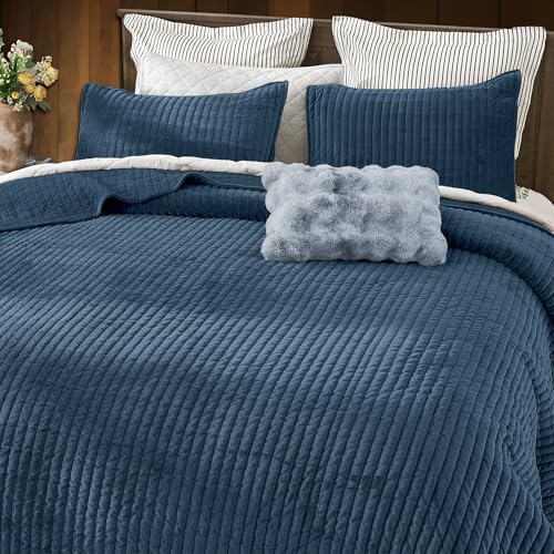 Image of Wonderful Velvet Quilt Set, Queen Size Blue Soft Fluff Texture Coverlet with Shams, Channel Stitched Pattern, All-Season Use, Versatile Lightweight Bedspread for Bedroom Adults Teens Kids,94 inchx94 inch