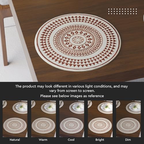Image of Dining Table Mats Set of 2 | Cotton Table Mat 32 cm Diameter, Ecasa XO Washable Round Table Mats, Heat Resistance Dining Table Placemats, Handmade Ribbed Style for Centre Table, Maroon Mandala-3 Print