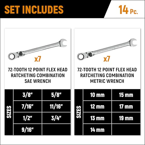 Image of GEARWRENCH 14 Pc. 12 Pt. Flex Head Ratcehting Combination Wrench Set, SAE /Metric - 85141