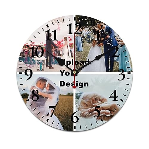 Custom Wooden Wall Clock 12 Inches, Silent Non-Ticking Personalized Pictures Memorial Hanging Clock for Wedding Anniversary Pet Family Housewarming Gift Wood Round Clock Home Decor 4 Photos Collage