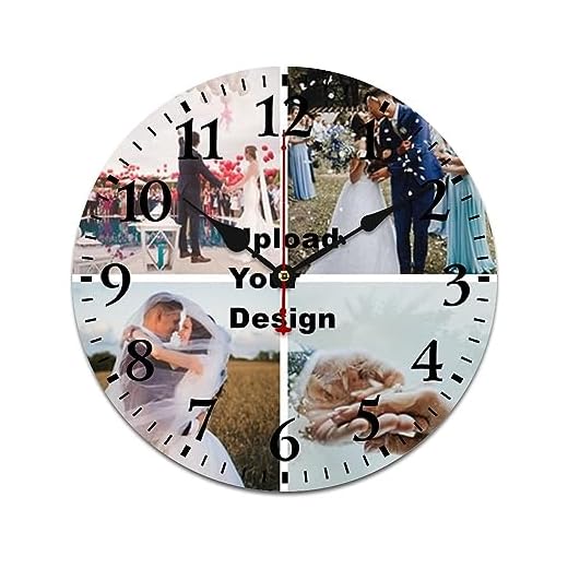 Custom Wooden Wall Clock 10 Inches, Silent Non-Ticking Personalized Pictures Memorial Hanging Clock for Wedding Anniversary Pet Family Housewarming Gift Wood Round Clock Home Decor 4 Photos Collage