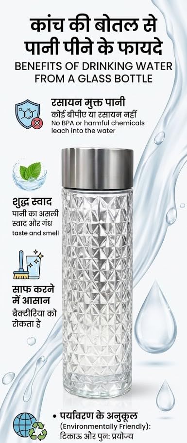 Image of Diamond Cut Glass Water Bottles with Stainless Steel Lid, Clear, Set of 6, 750ml, BPA-Free, for Kids' School, Lab Weighing, Gym, Home, Office