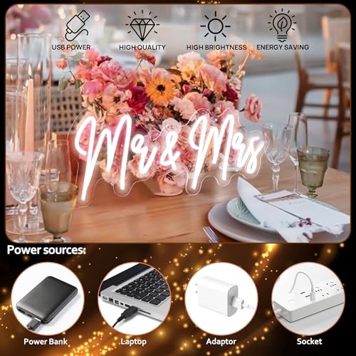 Image of 20in Mr and Mrs Wedding Neon Signs-Adjustable USB Mr and Mrs Light Up Sign Neon Wedding Decor Signs Backdrop Decorations for Reception Anniversary Engagement Gifts