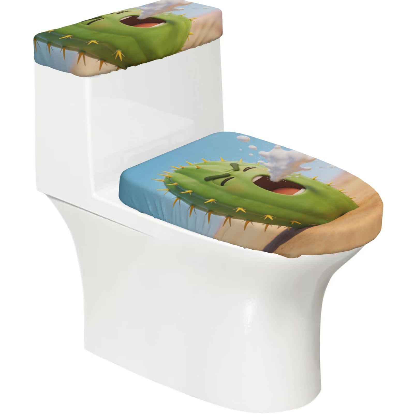 Sneezing Cactus Elastic Toilet Cover Set of 2-Stretchy Lid and Tank Covers for Bathroom, Soft Washable U Shape Toilet Decor