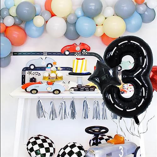 Image of TONIFUL 40 Inch Race Car 3rd Birthday Balloons - Racetrack Number 3, Wheel Tire, Black White Checkered, Star - Boys Car Themed Party Decor