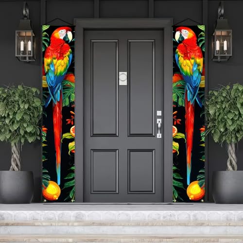 Image of BlissYard 2pcs Spring Summer Door Banner Hawaiian Tropical Parrot Porch Sign Banner Tropical Floral Colorful Parrot Wall Hanging Banners for Outdoor Summer Tiki Bar Decor Party Supplies