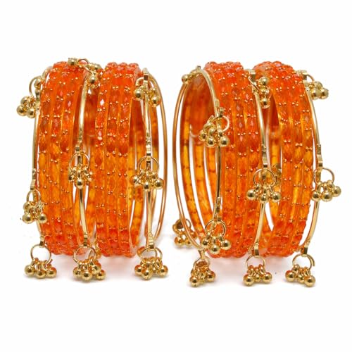 Image of Kashmiri Ghangharoo Glass Bangle Set for Women| Light Weight Bangles | Traditional Transparent Fancy Glass Chudi Set for Wedding, Party|Set Of 16(12 Glass + 4 ghungroo bangles)