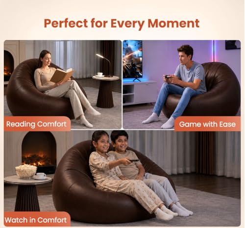 Image of Sattva Classic 3XL Sofa Style Bean Bag Chair with Beans Filled | Faux Leather Bin Bags for Adults | Chair Style Beanbags with Beans Filling | Pre-Filled Beans Bag for Home & Office (Dark Brown)