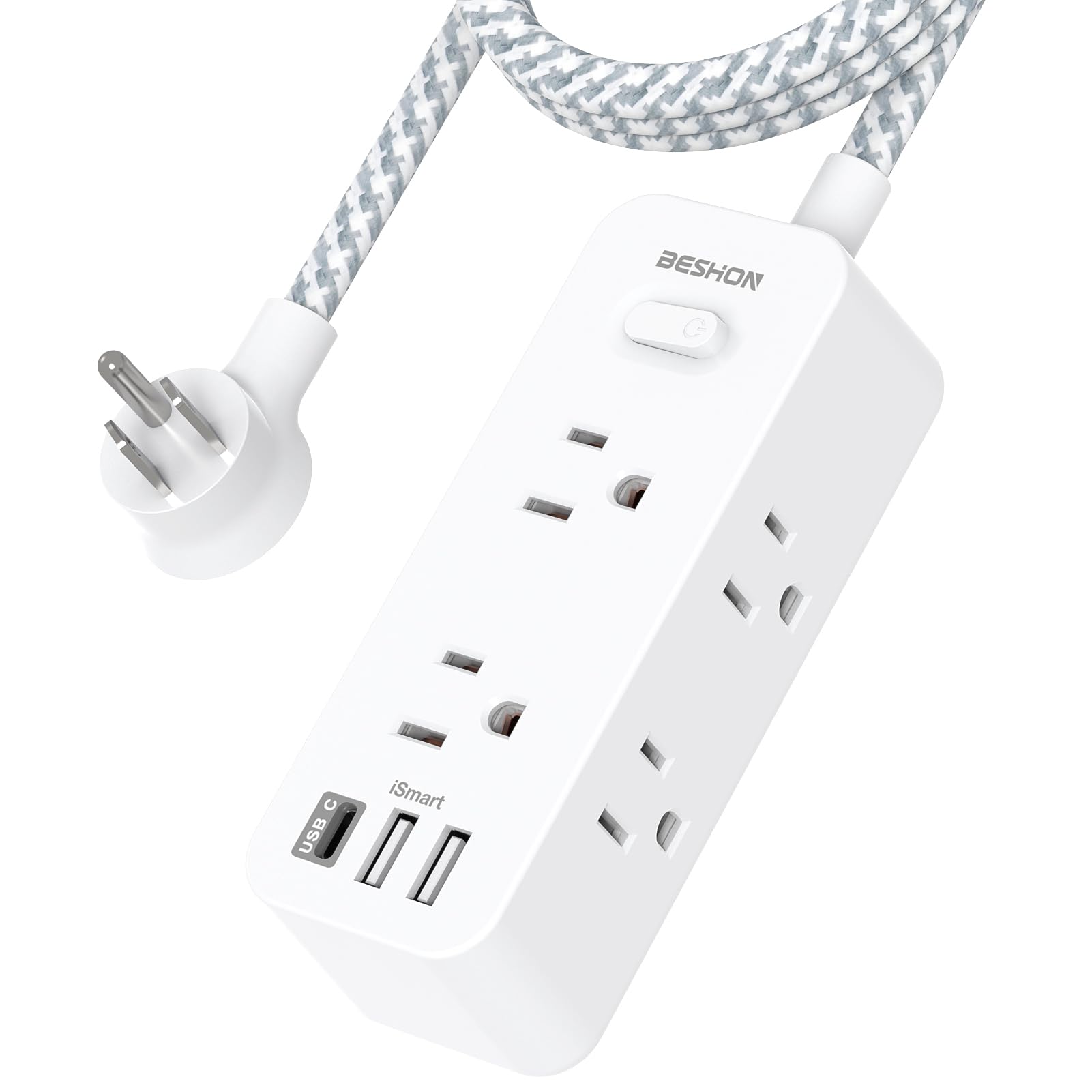 Extension Cord 25FT, BESHON Power Strip Surge Protector, 6 Outlets with 3 USB Ports(1 USB C Outlet), 3-Side Outlet Extender, Wall Mount, Compact for