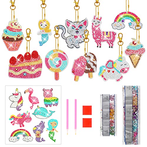 5D Diamond Painting Set für Kinder, 10 Stück Doppelseitige Diamond Painting Schlüsselanhänger mit 8 Stück Diamond Painting Sticker, Diamond Painting Anhänger mit Werkzeug für Mädchen DIY Geschenk Cover