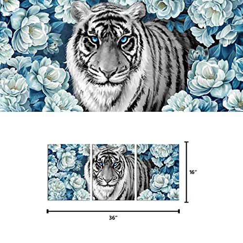 Welmeco Wildlife Black And White Tiger With Blue Eyes In White Magnolia Flowers Painting Giclee Canvas Prints Gallery Wrapped Animal Floral Artwork For Living Room Bedroom Home Office (12X16X3) #TOP4