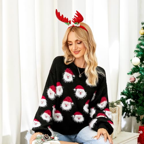 Image of Women's Christmas Top Long Sleeve Round Neck Santa Claus Knitted Sweater Pullover Top