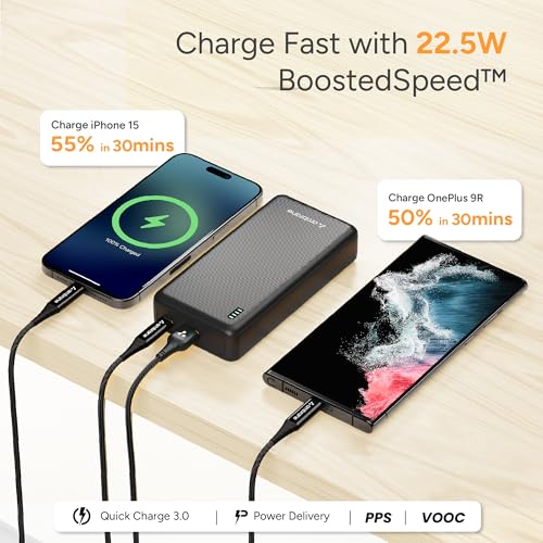 Image of Ambrane 20000mAh Power Bank with 22.5W Fast Charging | 3 Output Ports | Type-C & USB Input | Compact Portable Charger for iPhone, Android Mobile Phone, Tablets, Earbuds, Speakers,smartwatch