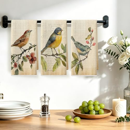 Image of 3 Pcs Vintage Birds Kitchen Towels, Vintage Artistic Decorative Absorbent Microfiber Dish Cloth Tea Towel, Durable Hand Towels for Farmhouse Home Bathroom, Bird Lover Gifts