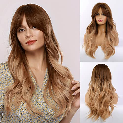 MORICA Blonde Wigs for Women Long Wavy Wig Synthetic Wigs Heat Resistant Fiber Dark Brown Roots Middle Part 26 Inch