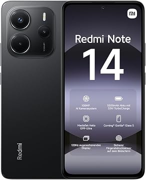 Xiaomi Teléfono Inteligente Redmi Note 14, 8+256GB, Negro, Sistema de cámara AI de 108 MP, batería de 5500 mAh, Pantalla de Cuidado Ocular de 120 Hz, Funciones de IA (no Incluye Cargador)