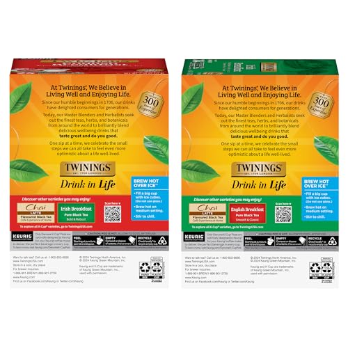 Image of Twinings English Breakfast Black Tea K-Cups for Keurig, 24 Count (Pack of 1) + Irish Breakfast Black Tea K-Cups for Keurig, 24 Count (Pack of 1)