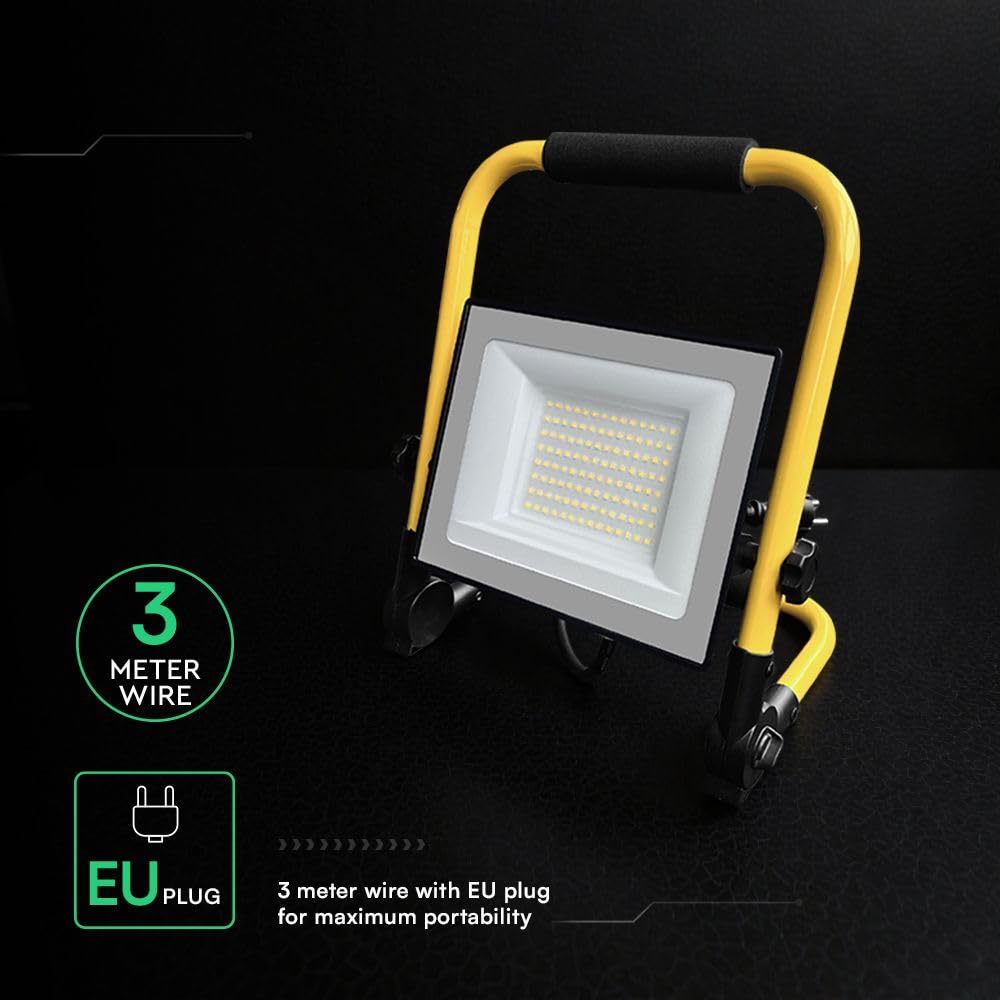 V-TAC Faretto LED da Cantiere 50W - [ CHIP CREE LED - ALTE PERFORMANCE ] - 4270 Lumen - Impermeabile IP65 - Faro Led da Esterno per Lavori e Garage - Cavo 3M - Staffa Piehevole - Luce Naturale 4000K
