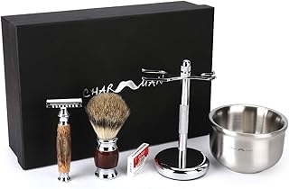 Men's Shaving & Grooming Set, Badger Hair Shaving Brush, Double Edge Safety Razor with Bamboo Handle and 10 Blades, Shaving Brush & Razor Holder Stand,Three-layer Heat Preservation Shaving Bowl