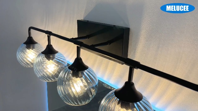 Image of MELUCEE 15 Inch 2 Light Bathroom Wall Lights with Blue Striped Swirl Glass Shade, Black Bathroom Lights Over Mirror Vanity Lighting Fixtures Wall Lamp for Bathroom, Living Room, Hallway