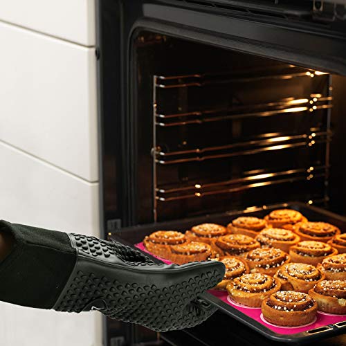 Image of Kitchen Oven Gloves - Dual-Layer Heat Resistant Grilling Gloves, Silicone Oven Mitts with 5 Fingers, Waterproof Non-Slip Pot Holder for Barbecue, Cooking, Baking (Black Long)