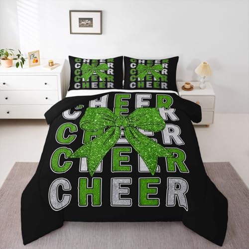 Image of Feelyou Cheer Comforter Set All Season Green Glitter Bowknot Bedding Set with 1 Pillow Cases Sport Cheerleader Microfiber Kids Twin Bedclothes Cheerleading Bedroom Decor Duvet Quilt Soft Lightweight