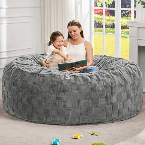 Image of Hobestluk Giant Bean Bag Chairs 6FT Oversized BeanBag Chair for Adult Jumbo | Memory Foam,Washable Cover,Unique Fluffy Plaid,Comfy Bean Bag Bed with Filler Gaming Reading Bedroom Living Room | Grey 6FT