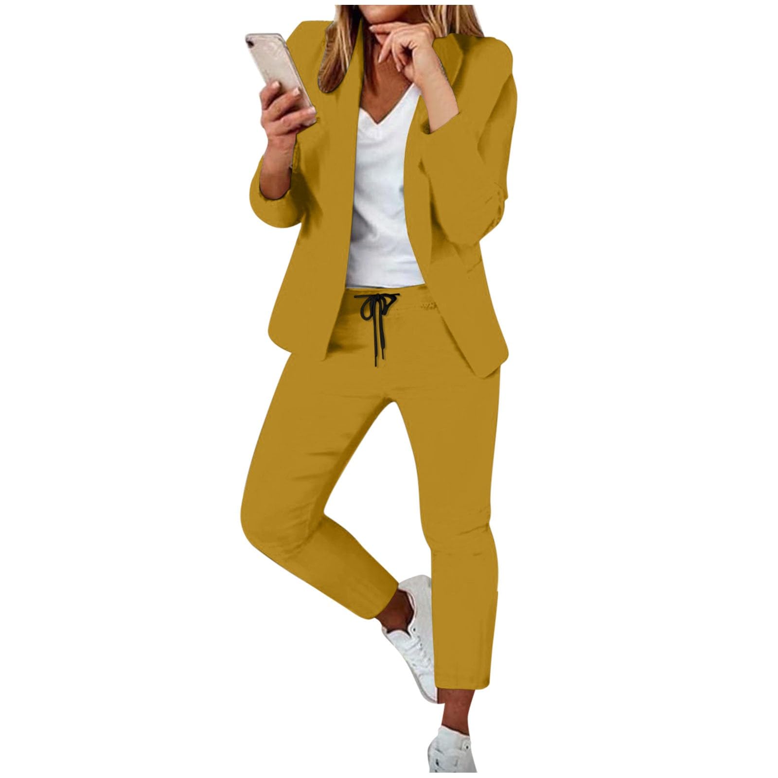 Abito da donna elegante tinta unita a maniche lunghe con cardigan con tasche e pantaloni con gamba dritta elastica