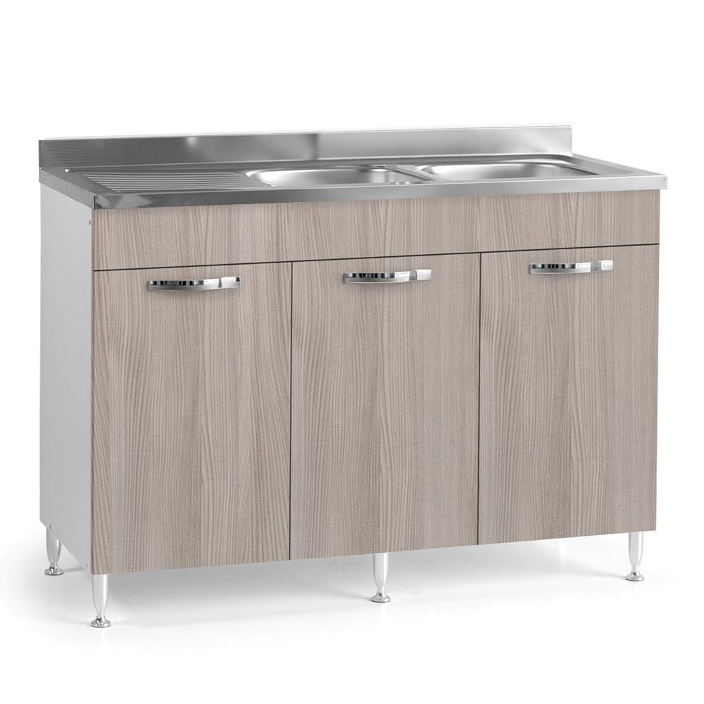 REDÒKASA Sottolavello per cucina componibile da 120 cm con tre ante, realizzata in legno 100% MADE IN ITALY (Con Lavello Vasche a Destra, Olmo)