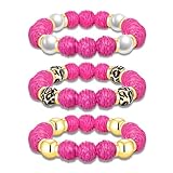 Rattan Bracelets for Women Handmade Woven Hot Pink Rattan Ball Beaded Stretch Bracelets Stackable Boho Bangle Bracelets Summer Beach Jewelry (Rose red)