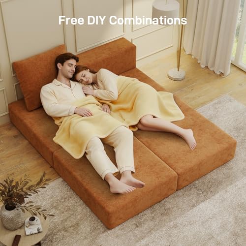 Image of Living&Giving Cloud Sectional Couch for Living Room, Modular Boneless Couch with 1 Ottoman, Middle-seat Can Be Combined with Modular Sofa, Customizable Layout for Any Space, Orange