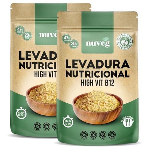 NUVEG Levadura Nutricional B12, Alto Contenido en Fibra, Levadura Nutritiva en Copos Rica en Vitamina B y Proteínas 47%, Nutritional Yeast Sin Gluten, Sin Azucar, Ideal para Queso Vegano, Pack 2, 250g
