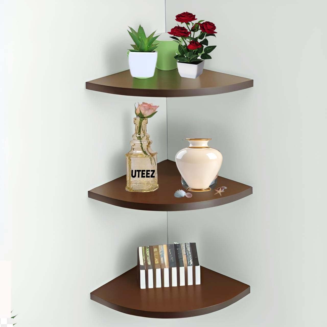 Uteez Engineered Wood 3-Tier Floating Rack Shelf for Living Room Corner Shelf Decorative Rack Shelf Organizer | Storage Shelf for Living Room & Bedroom Display Rack for Storage (Brown)-image-48
