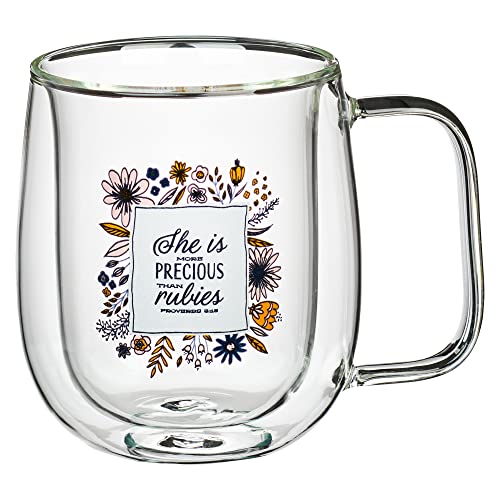 Christian Art Gifts Double Wall Insulated Clear Glass Coffee And Tea Mug For Women: She Is More Precious - Proverbs 3:15 Inspirational Bible Verse, Hot And Cold Beverage With Handle, Floral, 10 Oz. #TOP17