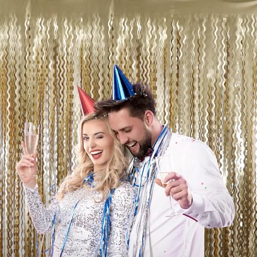 Image of GOER Metallic Tinsel Foil Fringe Curtains Party Photo Backdrop Party Streamers for Birthday,Graduation,New Year Eve Decorations Wedding Decor (Champagne Gold,2 Packs)
