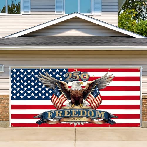 Image of 16x7 ft American 250th Anniversary Eagle Garage Door Banner - Patriotic Bald Eagle with inchFreedom inch & 250 Over Stars and Stripes Backdrop, Hanging Decor for 2026 July 4th & National Celebration, Large Outdoor Wall Sign