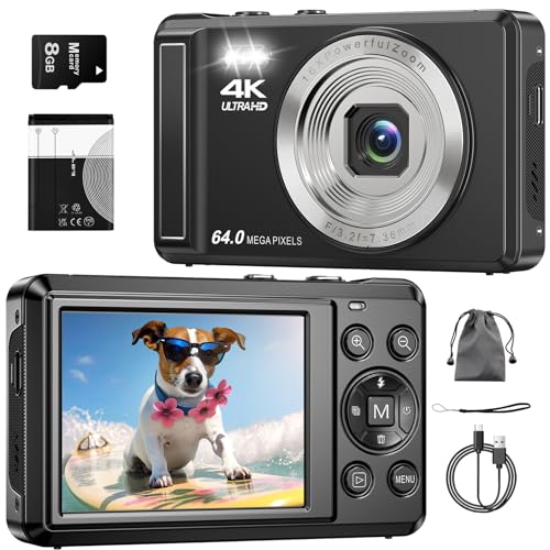 4K 64MP Digitalkamera mit Mikro-SD-Karte, Autofokus Fotoapparat mit 16X Digitalzoom Tragbar Kompaktkamera mit 1200mAh Batterie, USB-Kabel, für Teenager Erwachsene Anfänger